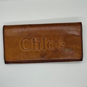 Chloe Embossed Logo Brown Leather Wallet Zip Around Continental Bifold Authentic